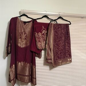 Maroon and Gold Embroidered Top by almirah 3 pc suit